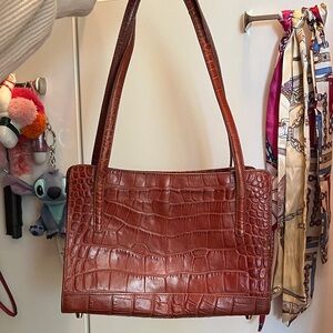 Monsac Rich Brown Crocodile-Embossed Shoulder Bag